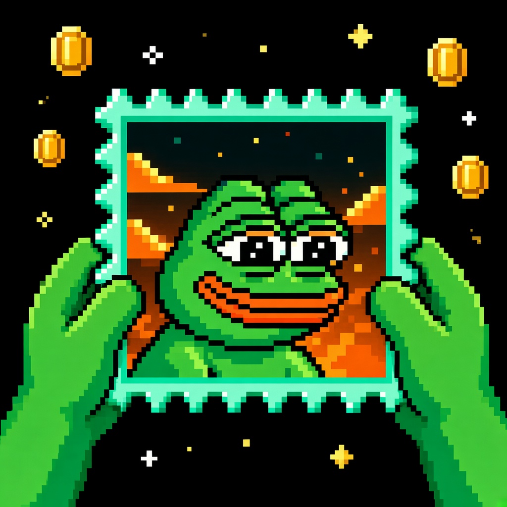 Pixel hands holding the StampPepe stamp