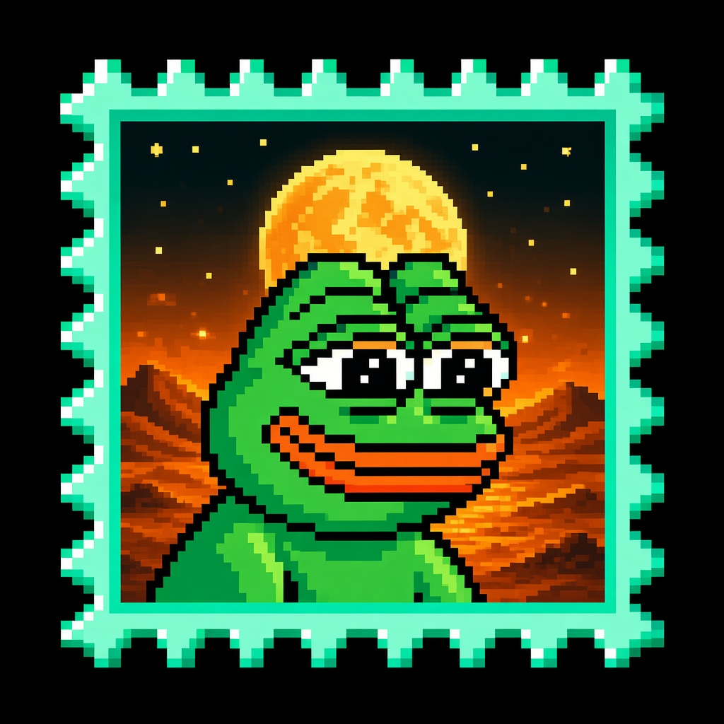 StampPepe stamp over a pixel moonrise