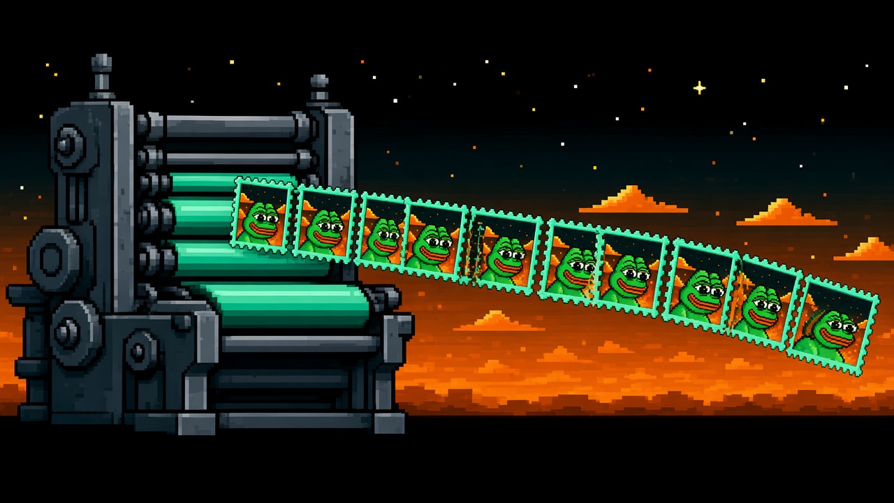 StampPepe stamps flying off a pixel printing press at dusk