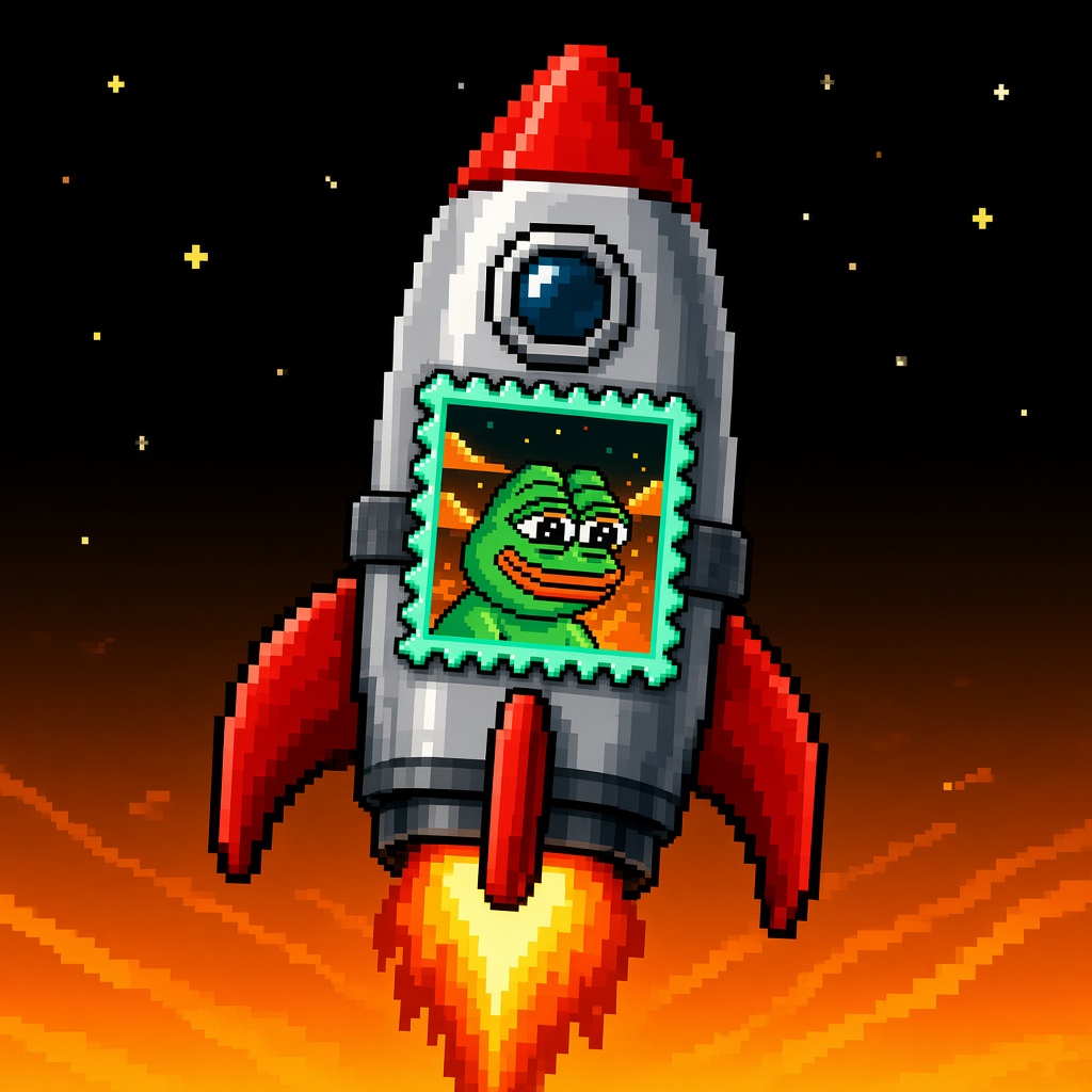 StampPepe stamp strapped to a pixel rocket